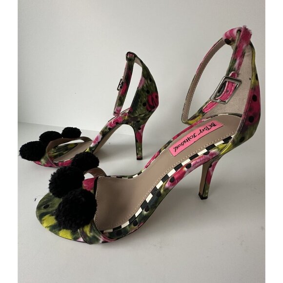 Betsey Johnson Lylly Puff Ankle Strap Sandals Size 7.5 Pom Pom Stiletto Heels - Picture 8 of 8